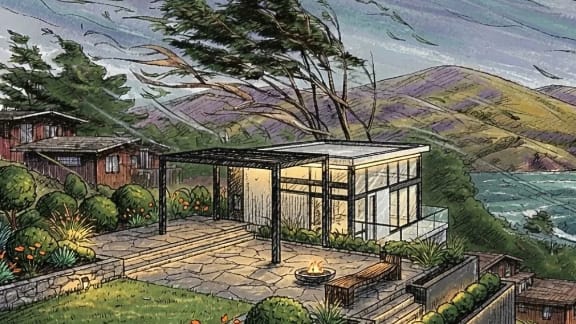 Sketch of pergola standing in a windy backyard